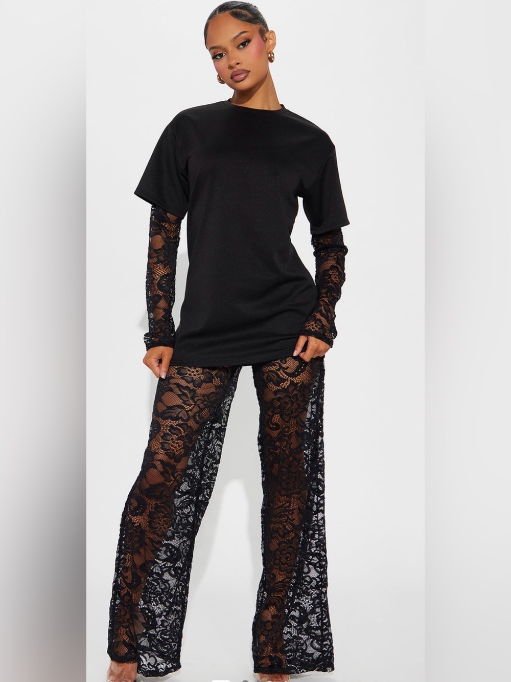 Fashion Nova NYC Vibe Black Lace Pant 2 Piece Set M NWOT